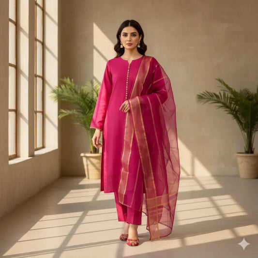 Royal Fuchsia Pink Katan Silk 3-Piece Suit