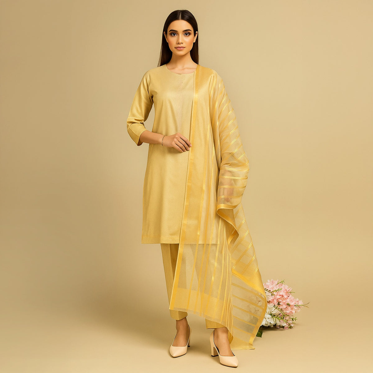 Royal Gold Katan Silk 3-Piece Suit