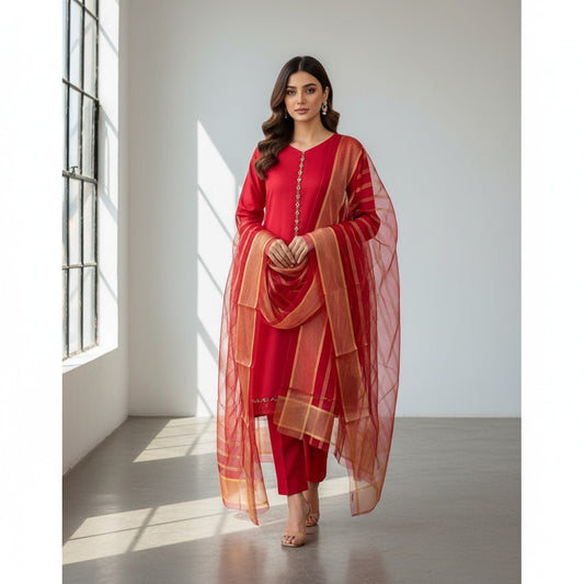 Royal Crimson Red Katan Silk 3-Piece Suit