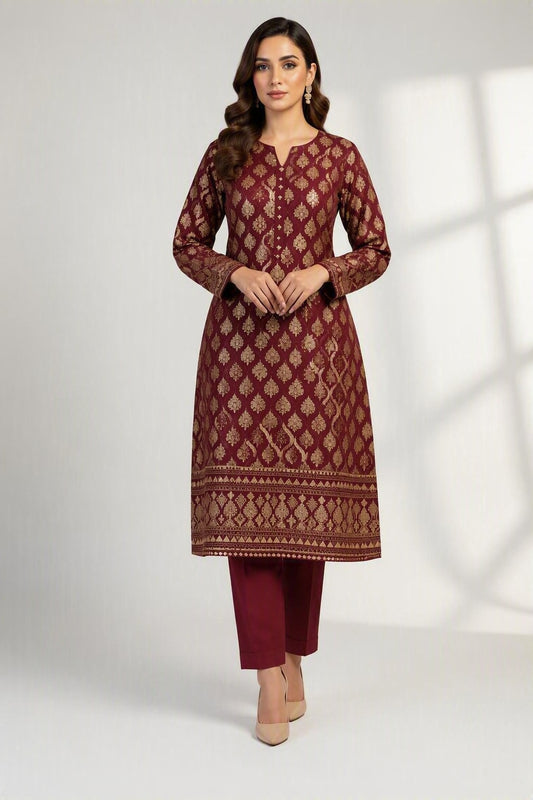 Royal Maroon Gold-Printed Katan Silk 2-Piece Suit
