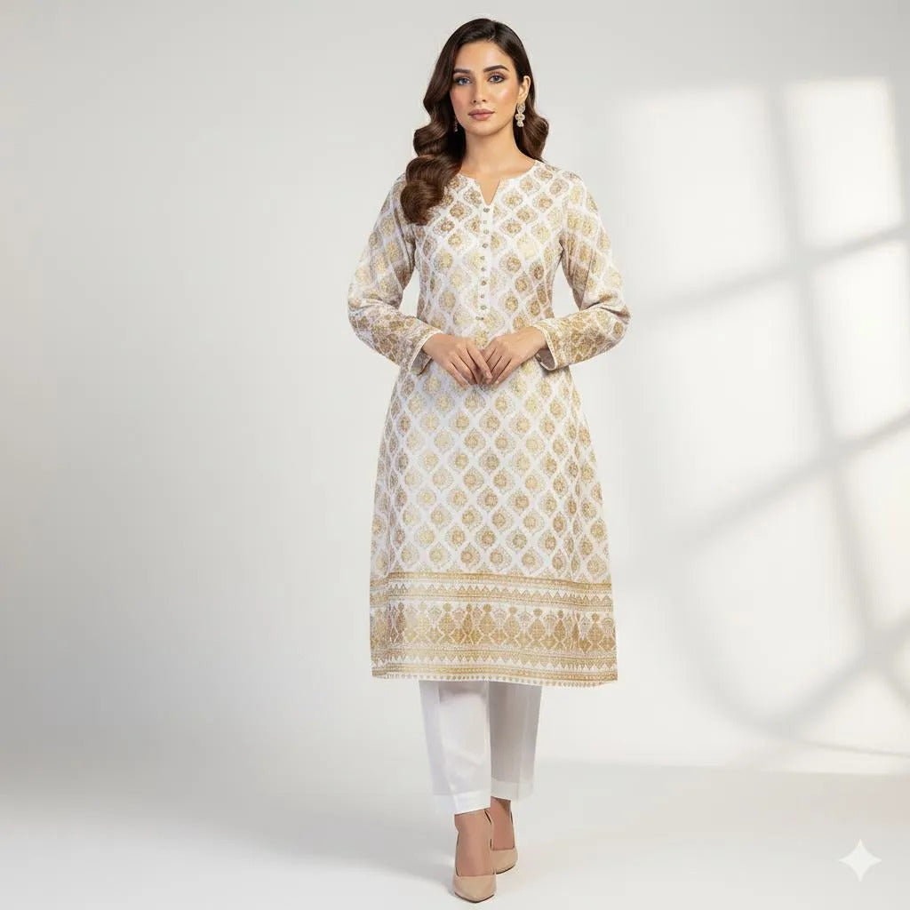 Royal Pearl White Gold-Printed Katan Silk 2-Piece Suit