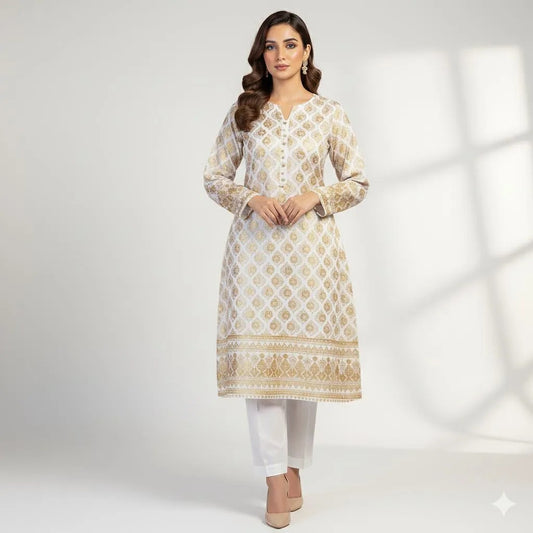 Royal Pearl White Gold-Printed Katan Silk 2-Piece Suit