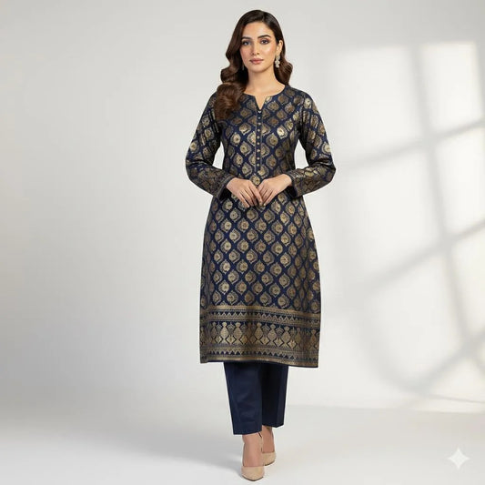 Royal Midnight Navy Gold-Printed Katan Silk 2-Piece Suit