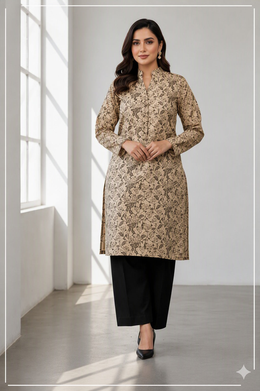 Beige Kalamkari Printed Katan Silk 2-Piece Suit