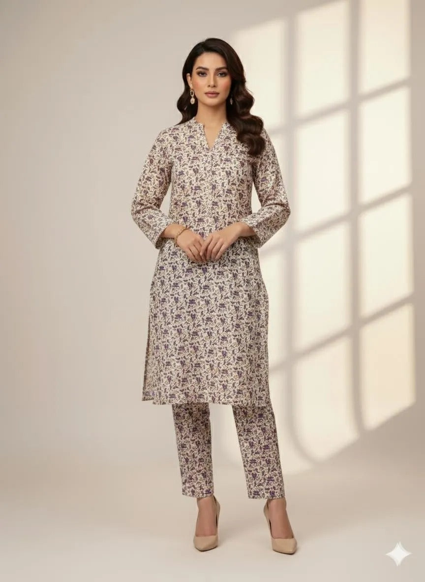 Ivory & Purple Floral Printed Katan Silk 2-Piece Co-Ord Suit